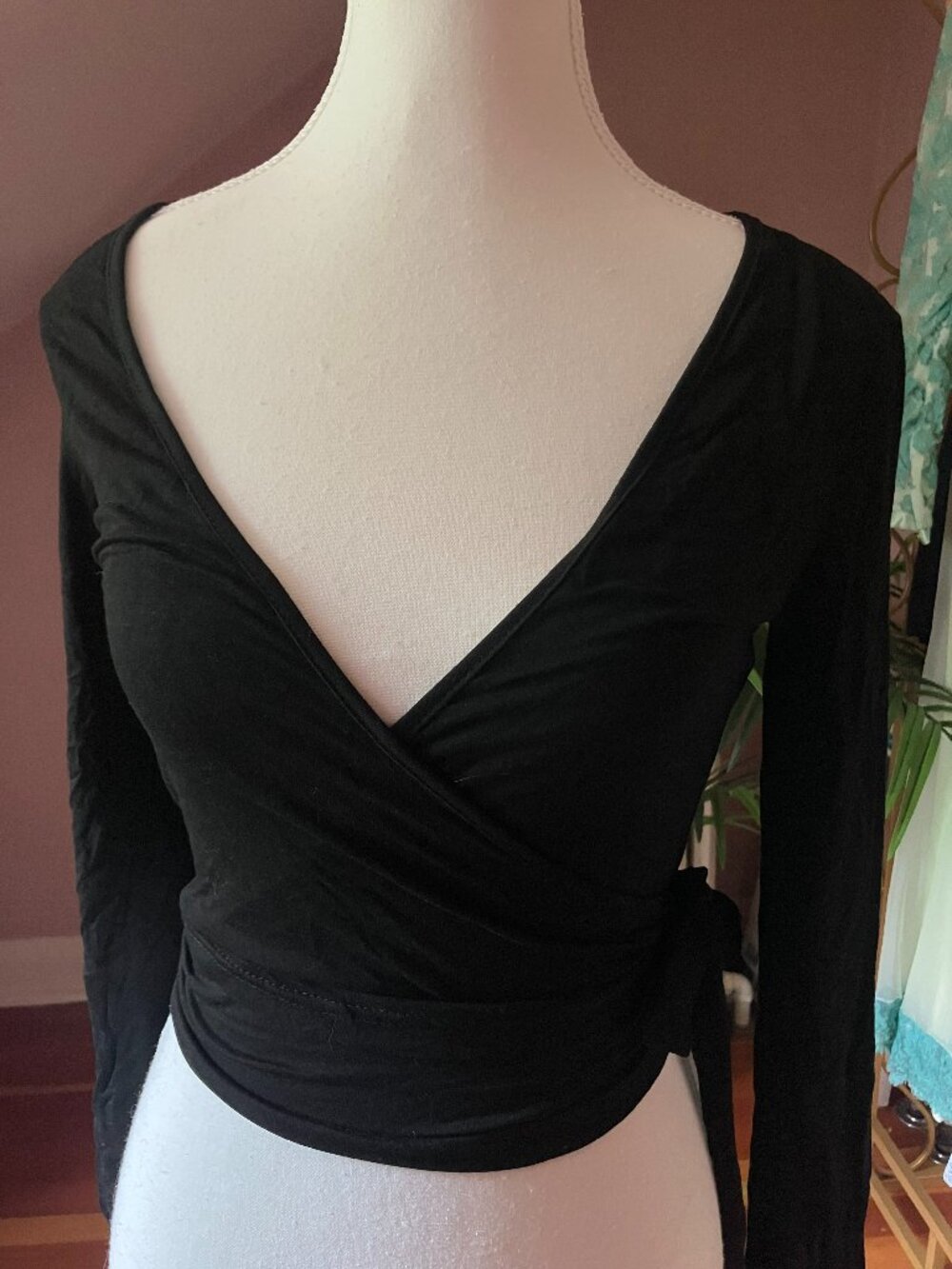 Black light long sleeve surplice style wrap top or cover up